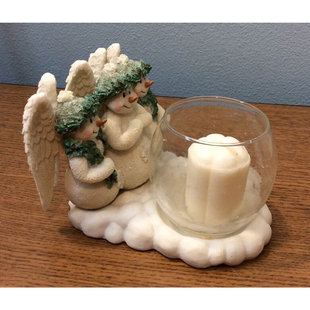 Ganz Trio Snowmen Angel Candle Holder Christmas Decor 5"x4" Ceramic With Candle